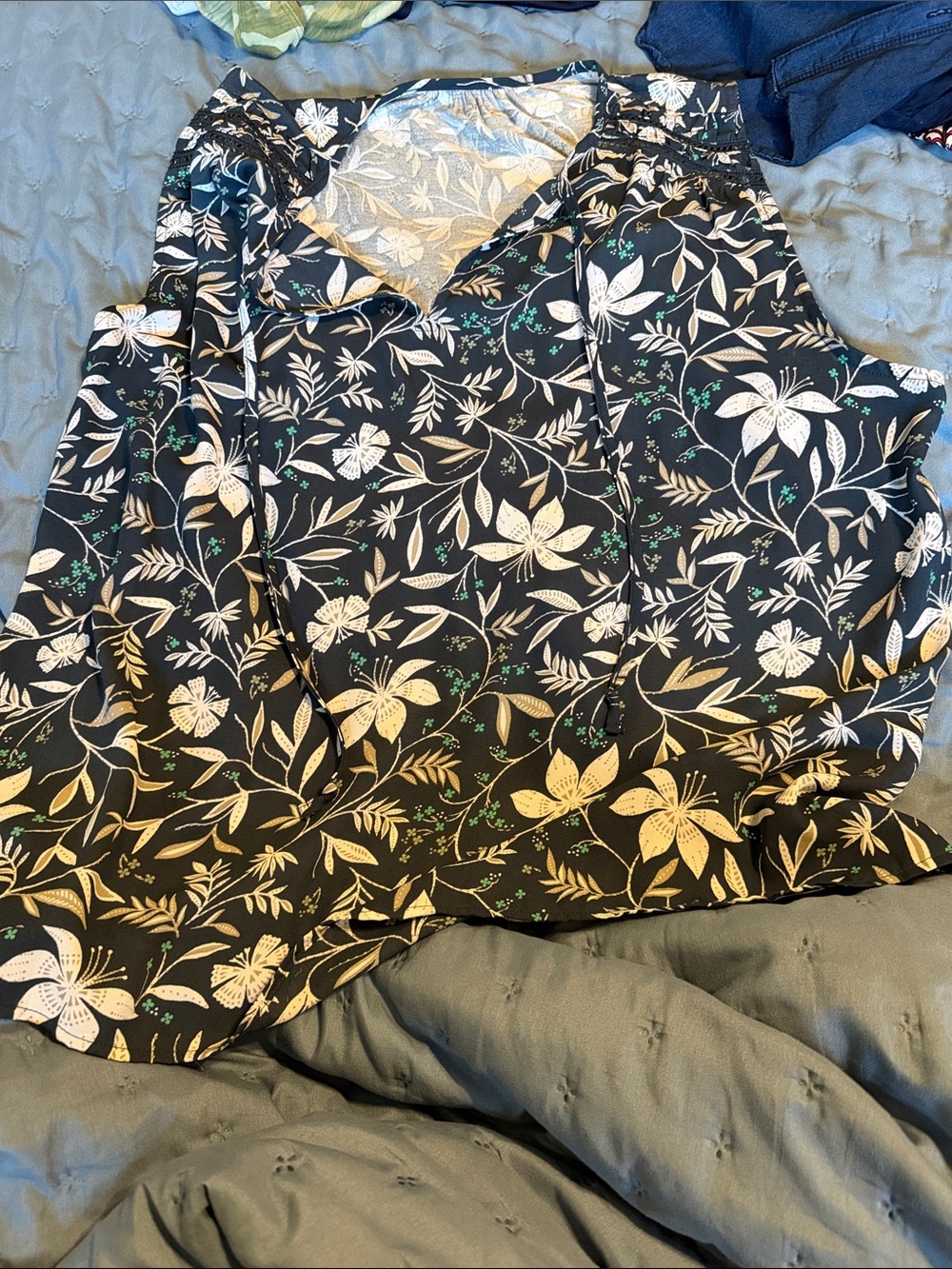 LOFT Black Floral V-Neck Blouse with Cream Flowers